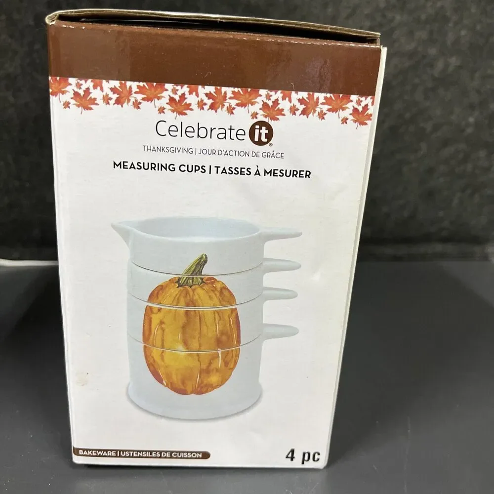 NIB 4 Piece Glass Stacking‎ Pumpkin Measuring Cups Fall Halloween Thanksgiving